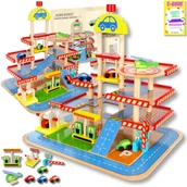 Zabawki konstrukcyjne - ZABAWKA GARAŻ PARKING DREWNIANY BEZPIECZNY DLA DZIECI AUTKA POJAZDY ZESTAW + EBOOK - miniaturka - grafika 1