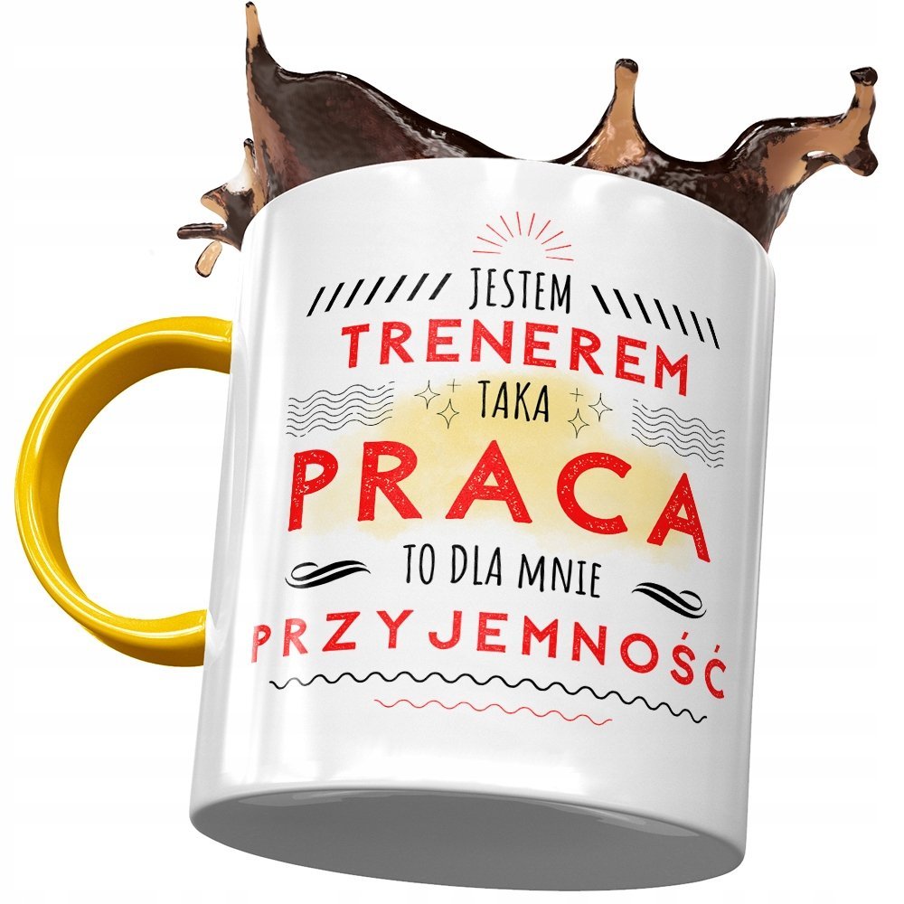 Kubek Żółty Dla Trenera To Dla Mnie Przyjemność z Nadrukiem ze Zdjęciem + Opakowanie na prezent (wzór 01)