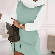 Sukienki - TEMU Kobieca Sukienka w Kolorze Miętowym z Białymi Rękawami i Kapturem - Prosty Krój, Średnio Elastyczna Dzianina, Możliwość Prania w Pralce, Odzież - miniaturka - grafika 1