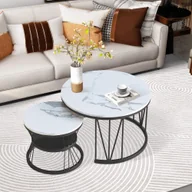 Ławy i stoliki kawowe - Fortuna Lai stolik kawowy 2 w 1 o wyglądzie marmuru zestaw 2 stolików bocznych z półką, Ø 70 x 45/Ø 45 x 40 cm, metalowa rama, czarny - miniaturka - grafika 1