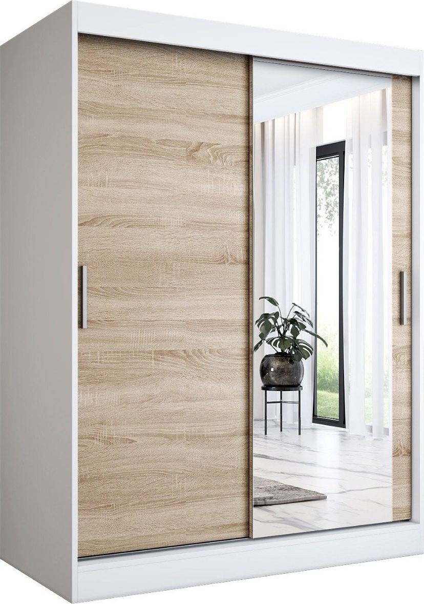 MKPOL Szafa przesuwna MODUO COMFORT 150 biała mat/dąb sonoma z lustrem po prawej