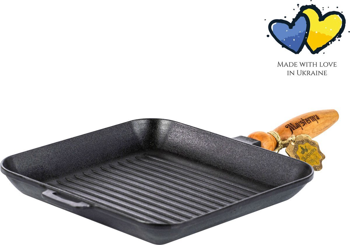 Żeliwna patelnia grillowa z drewnianym uchwytem - 28 x 28 x 4 cm - Patelnia do steków - Grillowanie - Pieczenie - Odporna na zarysowania - Czarny