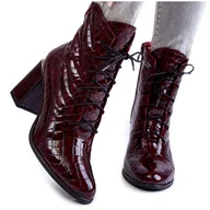 Botki damskie - PA2 Damskie Lakierowane Botki Na Obcasie Krokodyli Wzór Bordowe Alva czerwone - miniaturka - grafika 1