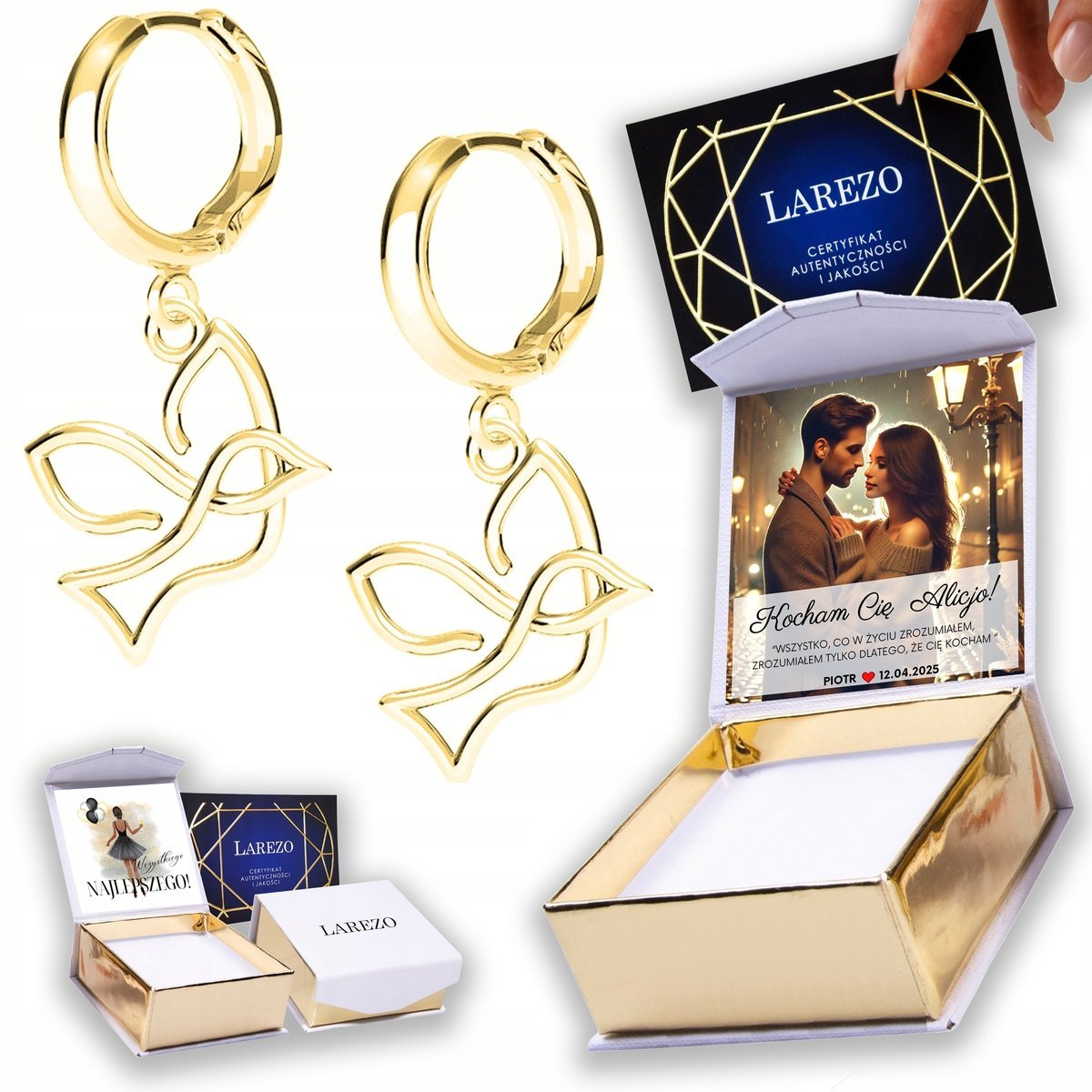 Złote Kolczyki 925 z Ptaszkiem Ażurowy Ptak Ptaszek Ptaki NADRUK