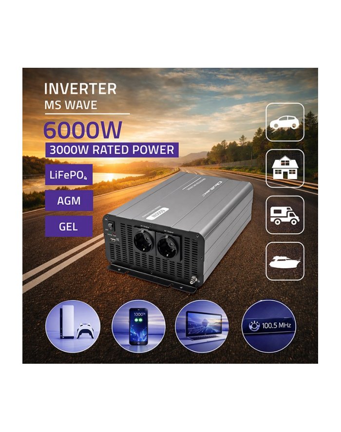 qoltec Przetwornica napięcia MS Wave 12V na 230V 3000/6000W