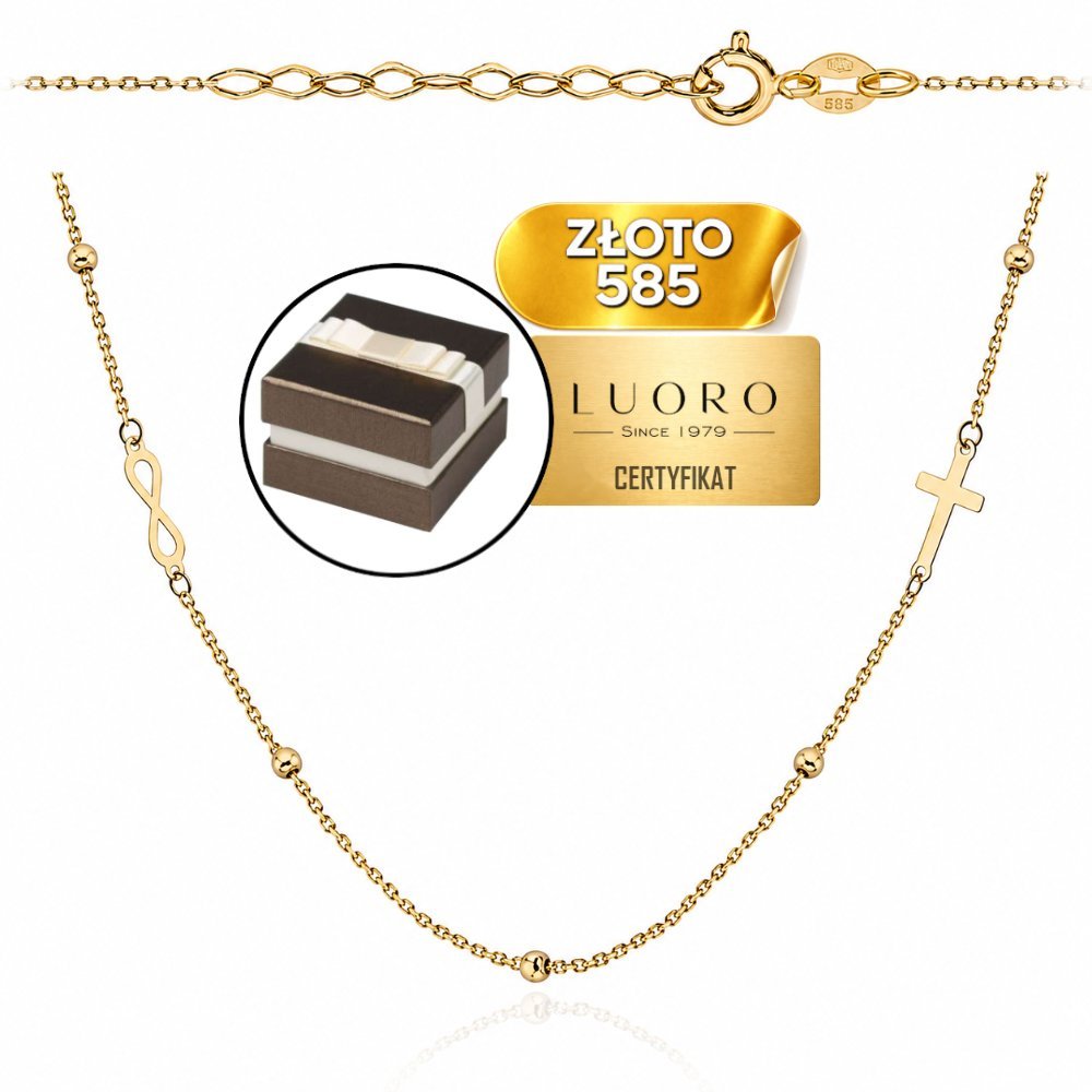 NASZYJNIK ZŁOTY 585 14K KRZYŻYK NIESKOŃCZONOŚĆ KULKI 42-45 CM REGULOWANY