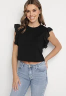 Bluzki damskie - Czarna Bluzka z Bawełny Ozdobiona Haftem Nalawen - miniaturka - grafika 1