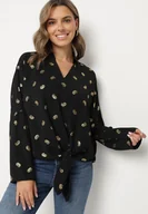 Bluzki damskie - Czarna Bluzka z Metalicznym Nadrukiem i Ozdobnym Kołnierzykiem Nonivia - miniaturka - grafika 1