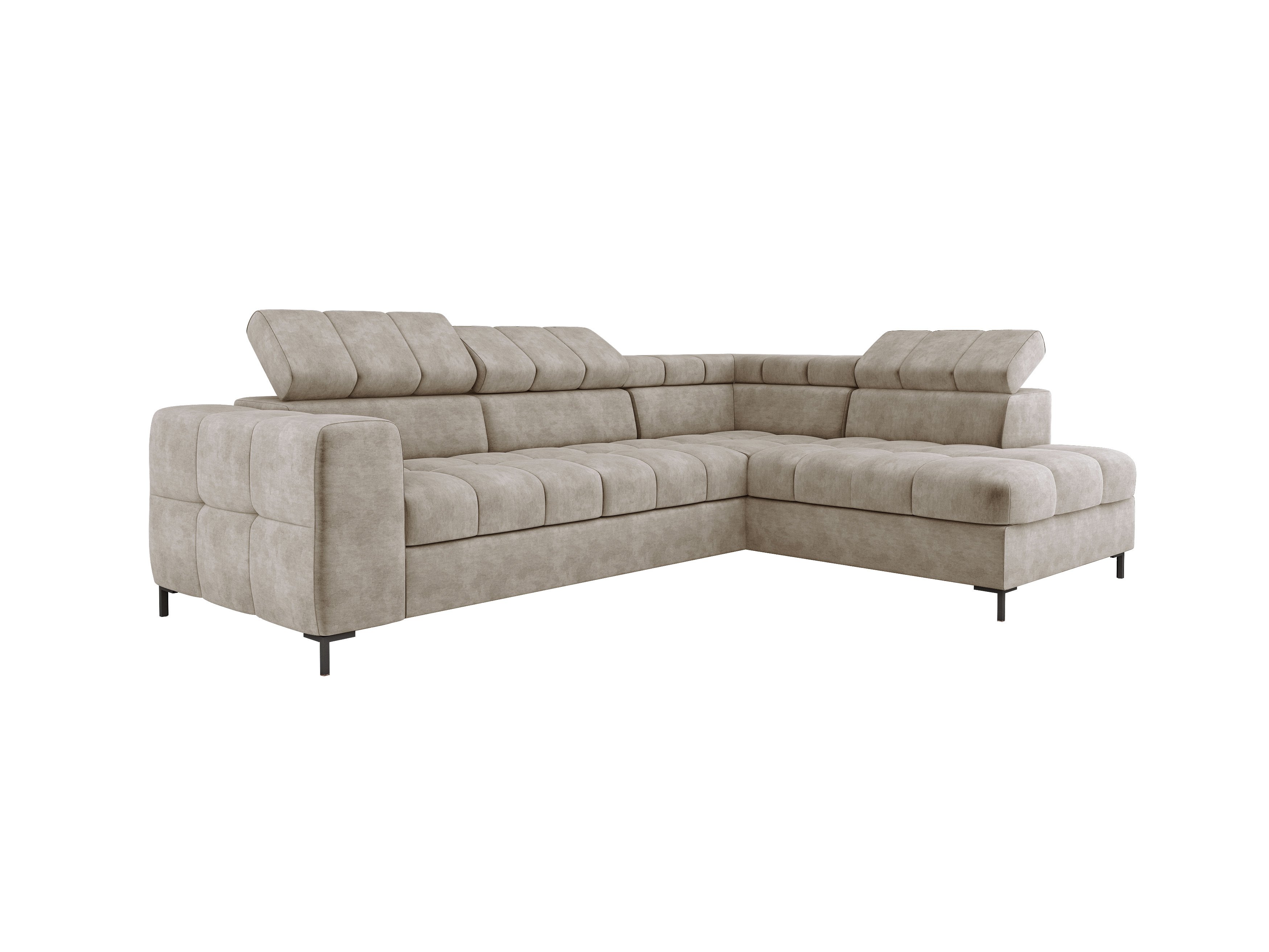 Nowoczesna sofa narożna PABLO 279x201 cm, rozkładana Z regulowanymi zagłówkami, pojemnikiem na pościel, solidnymi metalowymi nóżkami, wysokiej jakości tkaniną CLOUD W różnych kolorach, odpowiedni układ, kolor BEIGE