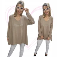 Bluzki damskie - ELEGANCKA TUNIKA NAPIS CYRKONIE groszki długi rękaw BAWEŁNA 54 56 7XL 3191 - miniaturka - grafika 1