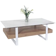 Ławy i stoliki kawowe - Stolik kawowy HWC-L88, stolik do salonu, półka żelazna 43x120x60cm spiekany kamień o wyglądzie marmuru białe naturalne drewno - miniaturka - grafika 1