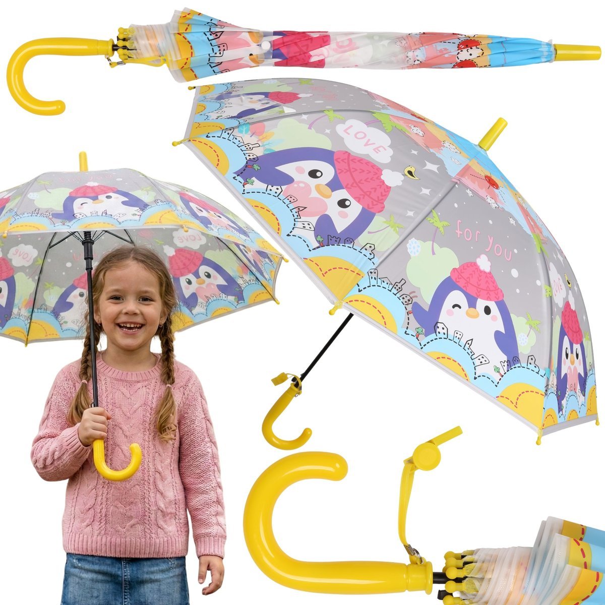 AUTOMATYCZNA Parasolka przeciwdeszczowa dla dzieci, PINGWIN, SKŁADANY parasol Z GWIZDKIEM 83cm