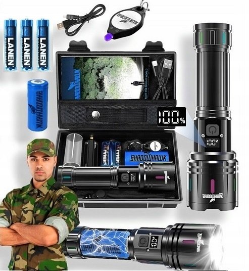 Bardzo Mocna Latarka Taktyczna Wojskowa Led Powerbank Shadowhowk