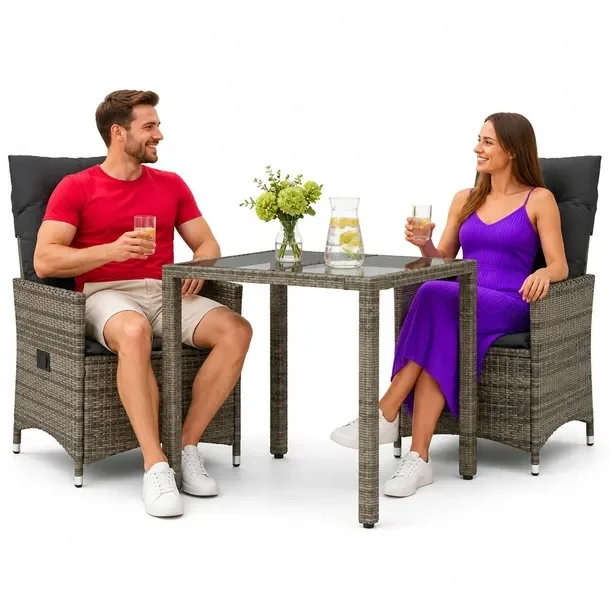 Zestaw mebli bistro ogrodowych szary rattan PE, rozkładane krzesła 56x59x