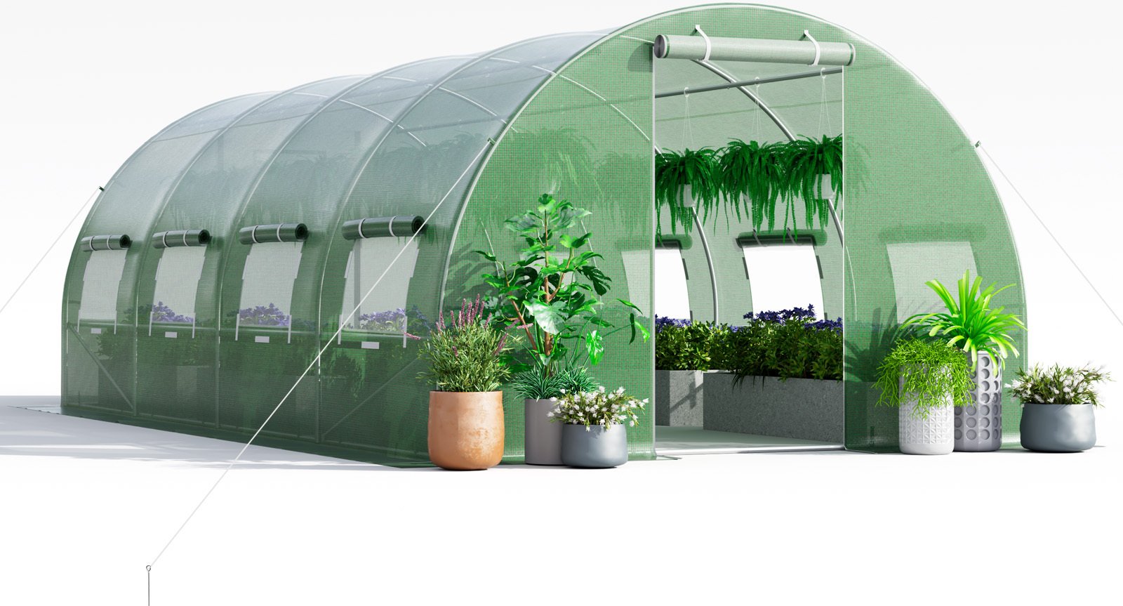 Szklarnia COSTWAY 600 x 300 x 200 cm, szklarnia foliowa 18 m² z metalową ramą, szklarnia z 10 zwijanymi oknami z siatki i 2 drzwiami na zamek błyskawiczny, szklarnia tunelowa na pomidory, warzywa, kwiaty, owoce