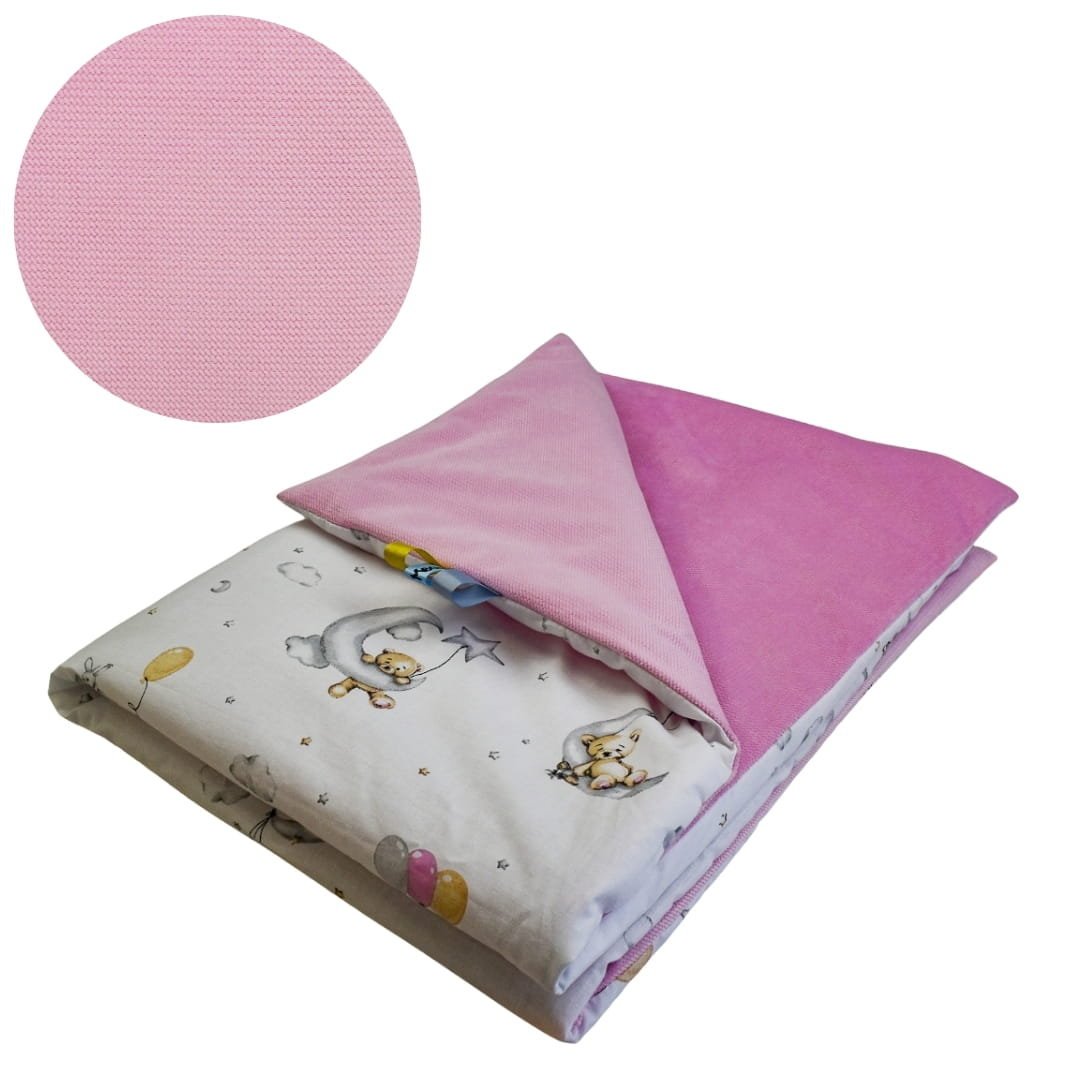 Kocyk Dziecięcy 75x100 Ocieplany Miśki Na Księżycu/Róż Bawełna/Velvet Polski Producent