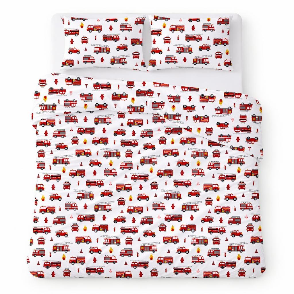 Pościel bawełniana 160x200 biała w czerwone wozy strażackie, dziecięcy nowoczesny - COTTON HOME KIDS