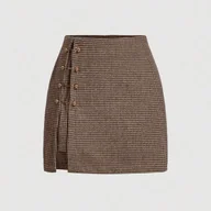 Spódnice - TEMU Krótkie spódnico damska, idealne na jesień i zimę, z krótkim stanem i nadrukiem w kratę, metalowe guziki boczne, doskonała na codzienne wyjścia - miniaturka - grafika 1