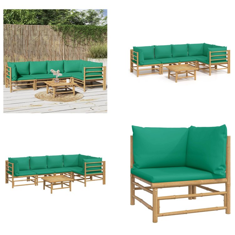 vidaXL 6-częściowy zestaw wypoczynkowy do ogrodu z zielonymi bambusowymi poduszkami - Zestaw wypoczynkowy do ogrodu - Zestawy wypoczynkowe do ogrodu - Zestaw wypoczynkowy - Zestaw mebli ogrodowych