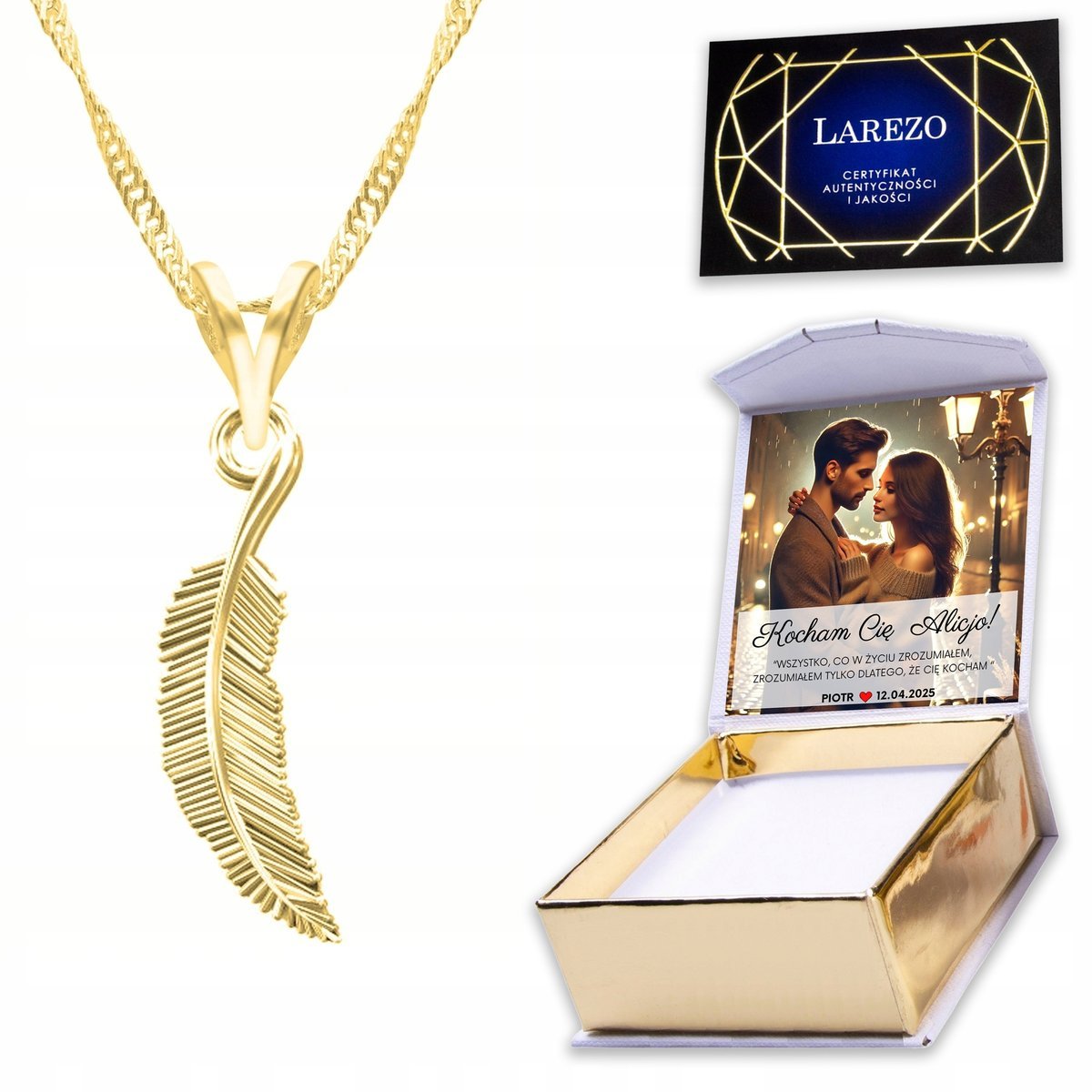 Złoty Naszyjnik 925 z Piórem Piórkiem Wisiorek Pióro Piórko + WŁASNY NADRUK