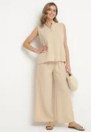 Komplety damskie - Beżowy Komplet Koszula bez Rękawów i Szerokie Spodnie z Gumką w Pasie Telanwena - miniaturka - grafika 1