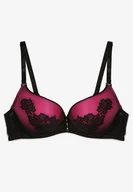 Biustonosze - Czarno-Fuksjowy Biustonosz o Fasonie Push Up z Ozdobną Kokardką i Różami Nivrine - miniaturka - grafika 1