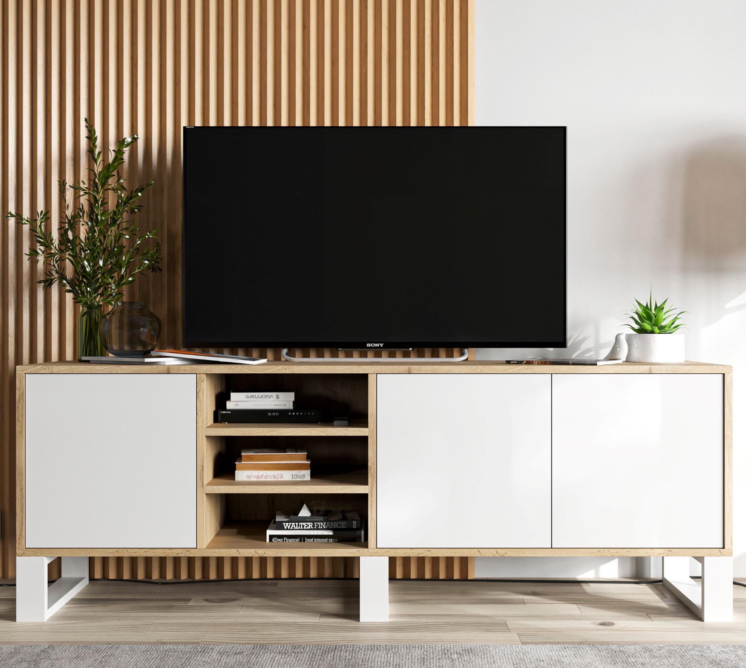 Nowoczesna Szafka RTV Loft komoda RTV Loft 150 cm biały MAT Dąb wotan Metalowe nogi