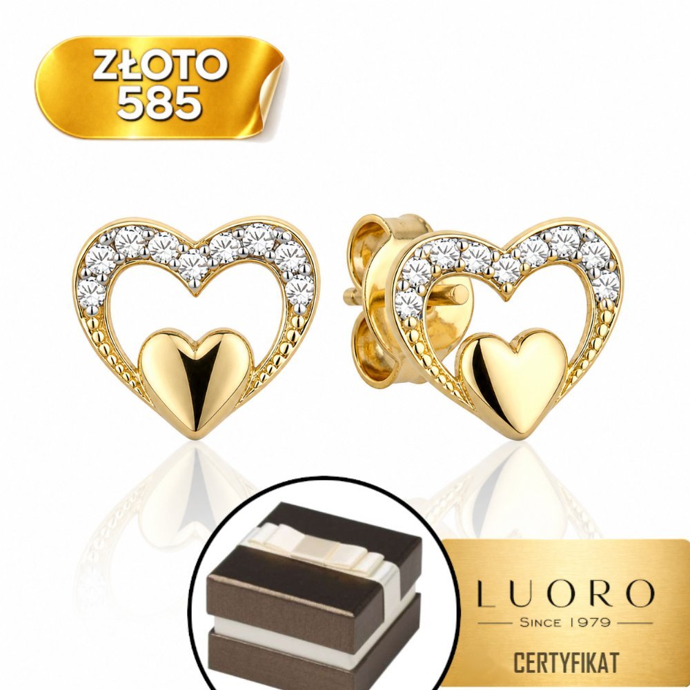 KOLCZYKI ZŁOTE 585 14K SERCE W SERCU Z CYRKONIĄ SZTYFT 0,8 CM ELEGANCKIE