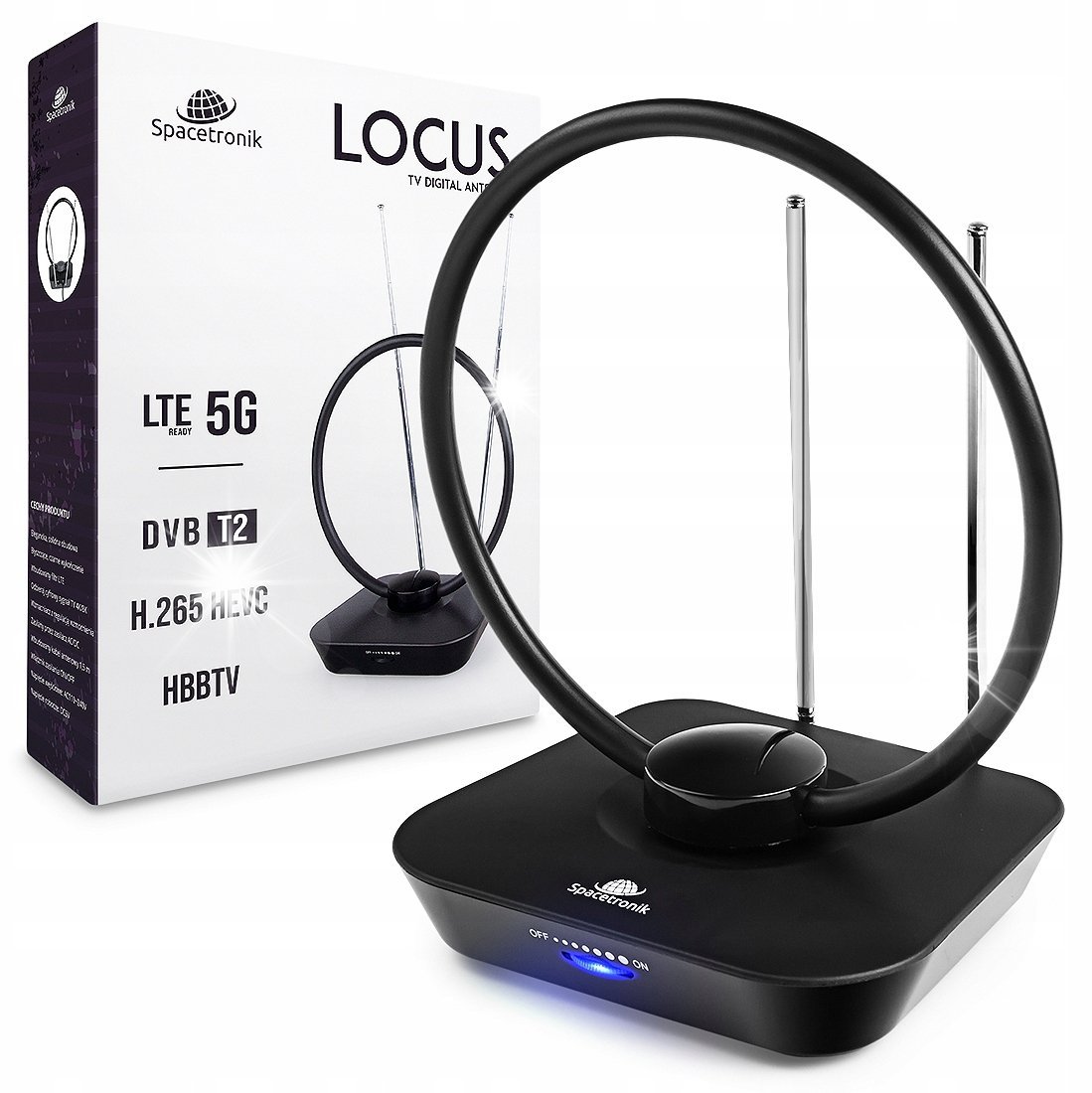 Spacetronik Antena RTV Antena pokojowa DVB-T2 Locus TV zasilacz 45dB