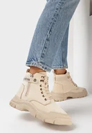 Botki damskie - Ciemnobeżowe Sznurowane Traperki na Płaskiej Podeszwie z Przeszyciami i Ozdobnym Paskiem Aspirma - miniaturka - grafika 1