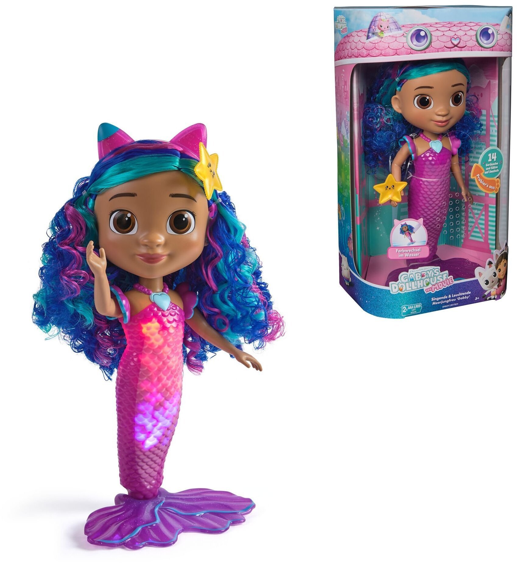 Spin Master Spin Master Gabby's Dollhouse: The Movie - Sing & Shine Mermaid Gabby, 30cm tall water play doll with light & sound effects