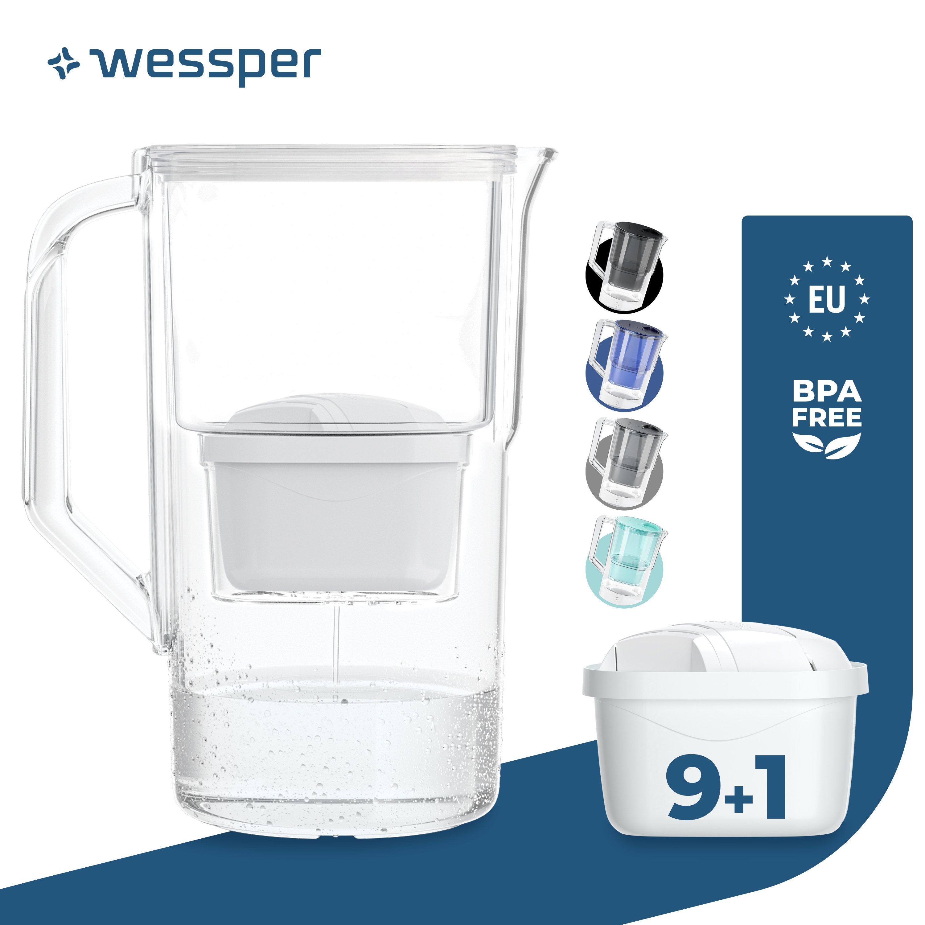 Wessper Dzbanek filtrujący wodę 2,8 l kompatybilny z Brita Maxtra, system filtrujący wodę redukujący kamień, chlor + 10x filtr wody biały