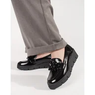 Mokasyny damskie - Goodin Czarne mokasyny na koturnie z ozdobą - miniaturka - grafika 1