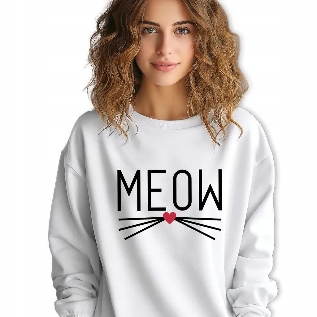Biała Bluza Damska Dresowa MEOW Stylowa Modna Wzory Rozmiar M