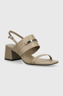 Sandały damskie - Calvin Klein sandały skórzane HEEL SANDAL 45 MET BAR LTH kolor beżowy HW0HW02056 - grafika 1