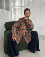 Bluzki damskie - Koszula Calm oversize brązowa z turkusem krata - miniaturka - grafika 1