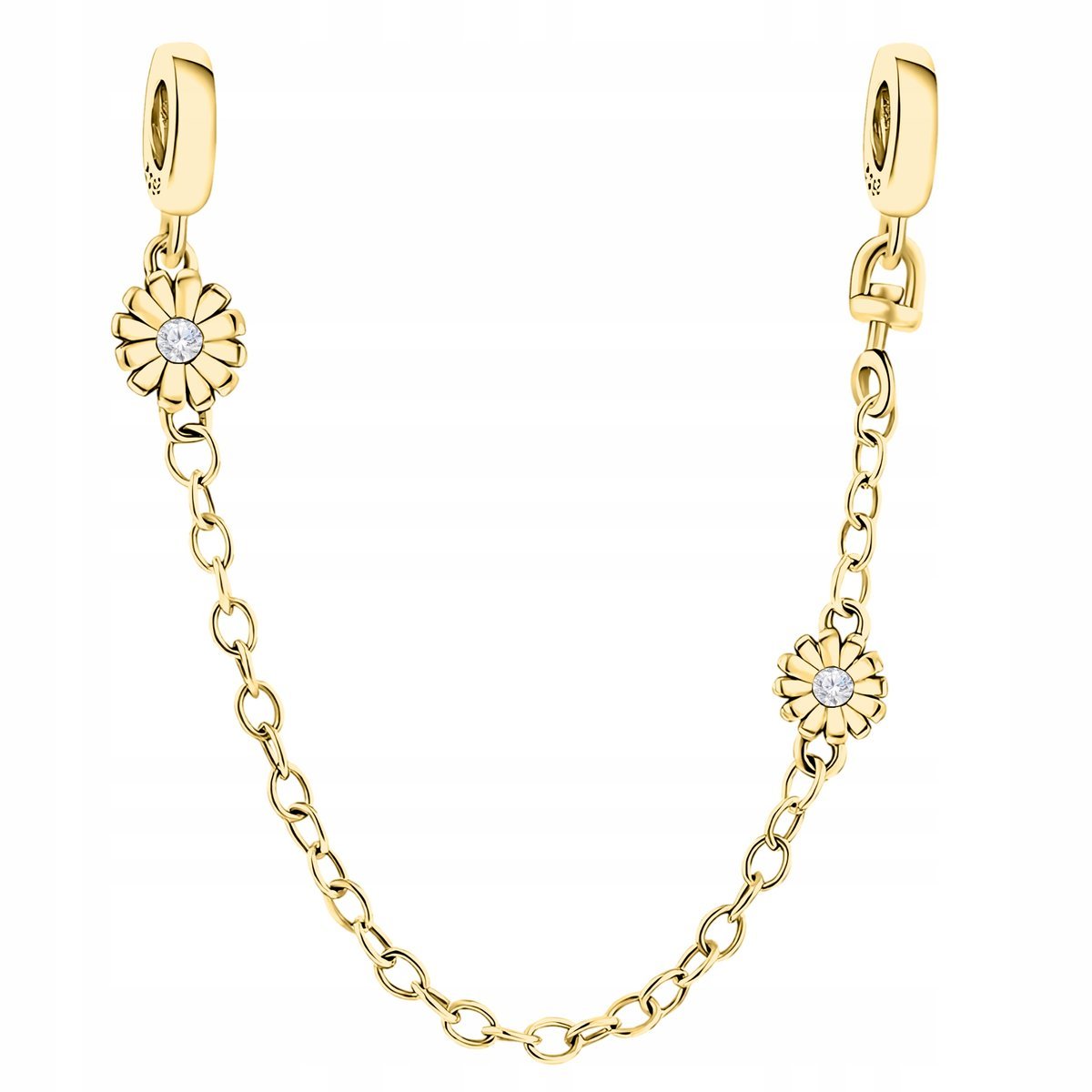 Łańcuszek Zabezpieczający Złoty Stoper Kwiaty z Cyrkoniami SREBRO 925