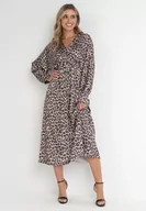 Sukienki - Beżowo-Brązowa Sukienka w Panterkę z Kopertowym Dekoltem Caka - miniaturka - grafika 1