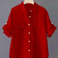 Koszule damskie - TEMU Stylowa czerwona bluzka damską z krótkim rękawem, marszczonym brzegiem i detalami guzikowymi - lekka koszula letnia do codziennego użytku lub do - miniaturka - grafika 1