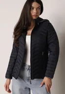 Kurtki damskie - Granatowa Pikowana Kurtka Przejściowa z Ozdobną Lamówką przy Kapturze Tidorna - miniaturka - grafika 1