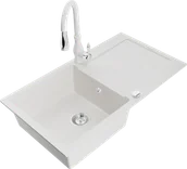 Zlewozmywaki z baterią - Mexen Leo zlewozmywak granitowy 1-komorowy z ociekaczem i baterią kuchenną Savita, biały - 6501-20-672601-20 - miniaturka - grafika 1