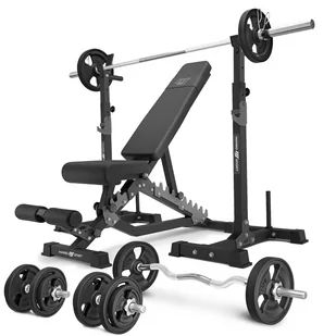 Zestaw MS34_2.0_83KG_G | Ławka dwustronna + wielopoziomowe stojaki (2 sztuki) pod sztangę z asekuracją  + zestaw gryfów i obciążeń gumowanych 83 kg - Marbo Sport - Ławki treningowe - miniaturka - grafika 1