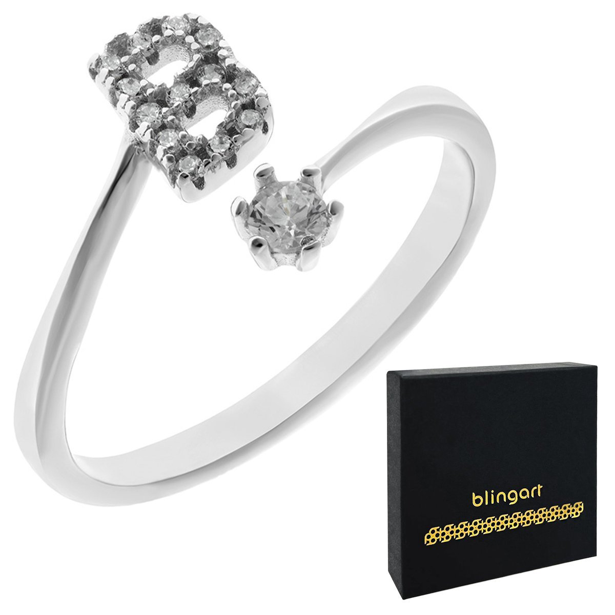 Pierścionek srebrny z literką B z cyrkoniami