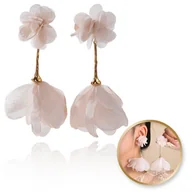 Kolczyki - Kolczyki wiszące, efektowne tiulowe kwiat, pudrowy róż K1704 - miniaturka - grafika 1