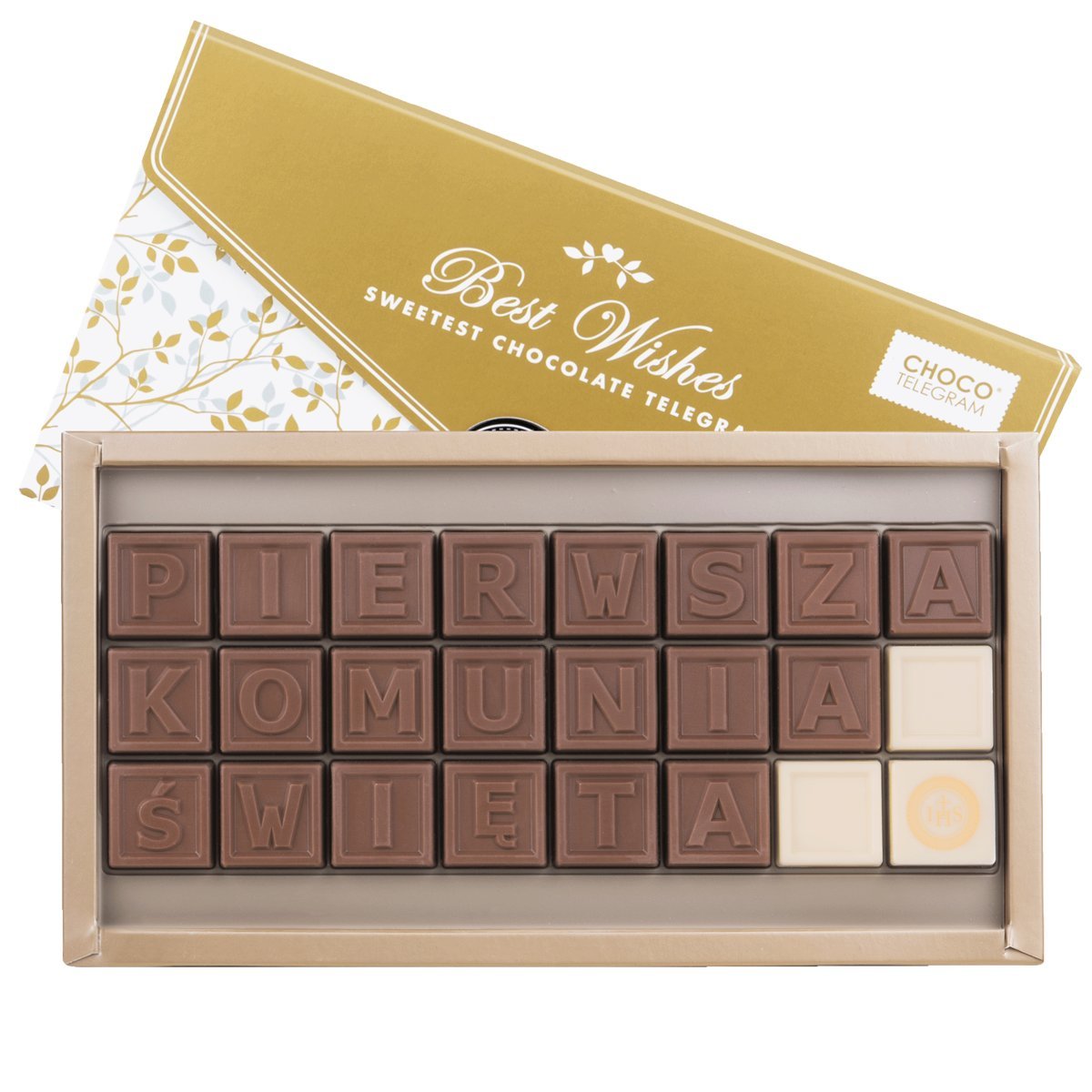 Czekoladowy Telegram Pierwsza Komunia Święta z belgijskiej czekolady w ozdobnej kopercie Prezent na komunię 228 g