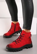 Botki damskie - Czerwone Botki na Grubej Podeszwie w Stylu Traperów ze Sznurowaniem Arviva - miniaturka - grafika 1