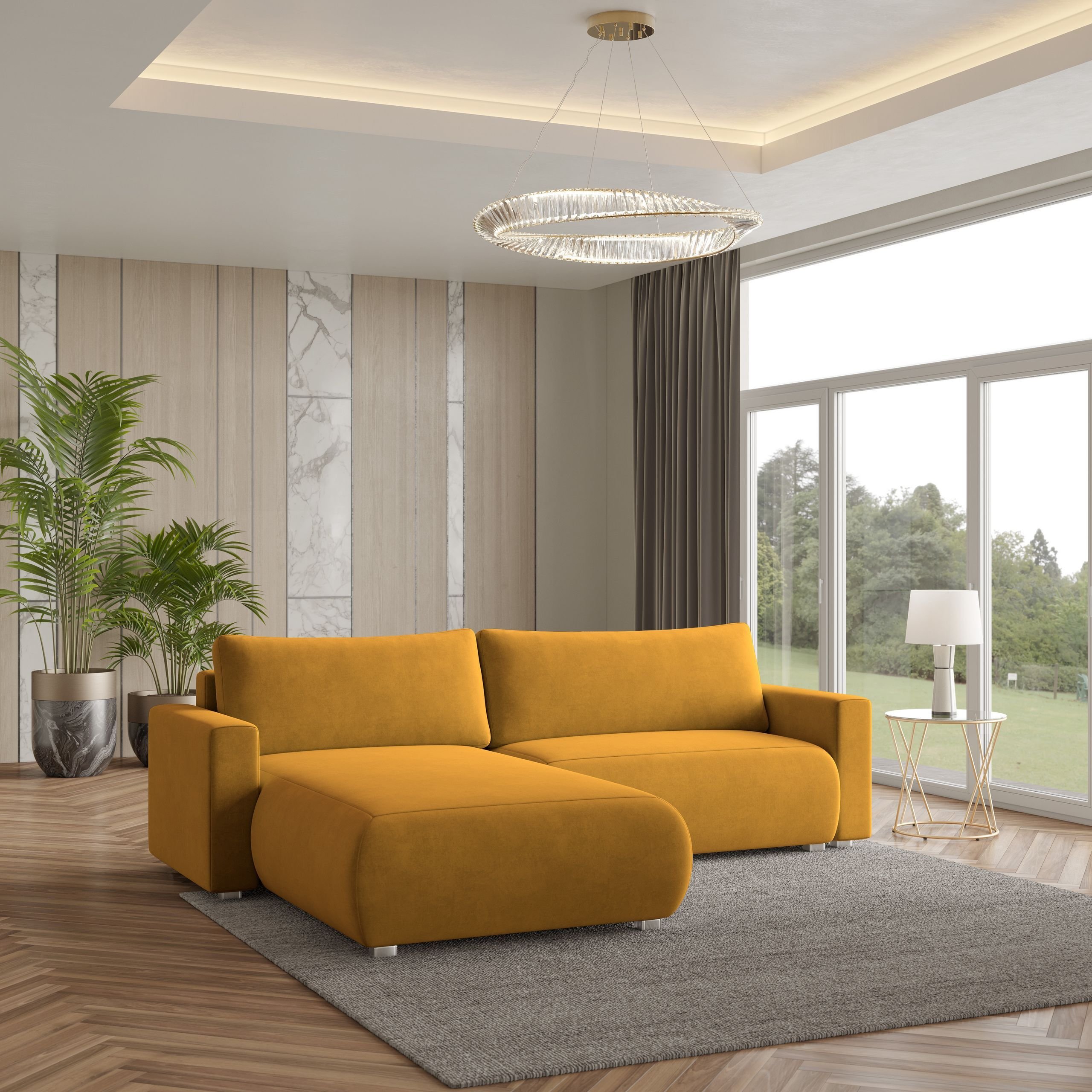 Masseno Narożnik TURIN M z funkcją spania i pojemnikiem na pościel Kształt L, Rozkładana sofa, Rogówka - Żółty, MONOLITH 48