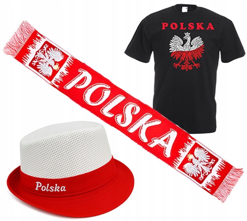 ZESTAW DLA KIBICA POLSKI KOSZULKA +SZALIK + CZAPKA GODŁO FLAGA