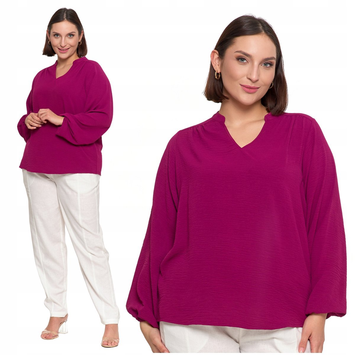 Bluzka Damska Elegancka Koszula Dekolt w Serek Długi Rękaw Zwiewna MORAJ S