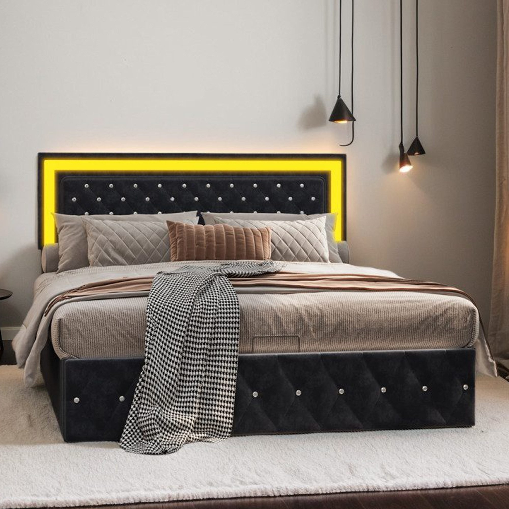Łóżko tapicerowane Fortuna Lai 180x200cm podwójne łóżko do przechowywania z zagłówkiem o regulowanej wysokości, z oświetleniem LED i stelażem listwowym, aksamit, czarny